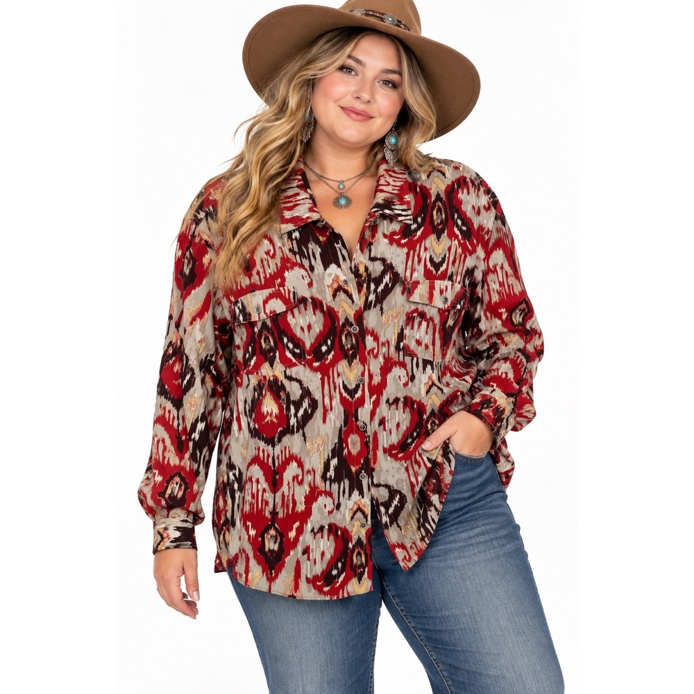 Chico's Button Down Chiffon Blouse Size 3 XL Semi Sheer Boho Western Tribal